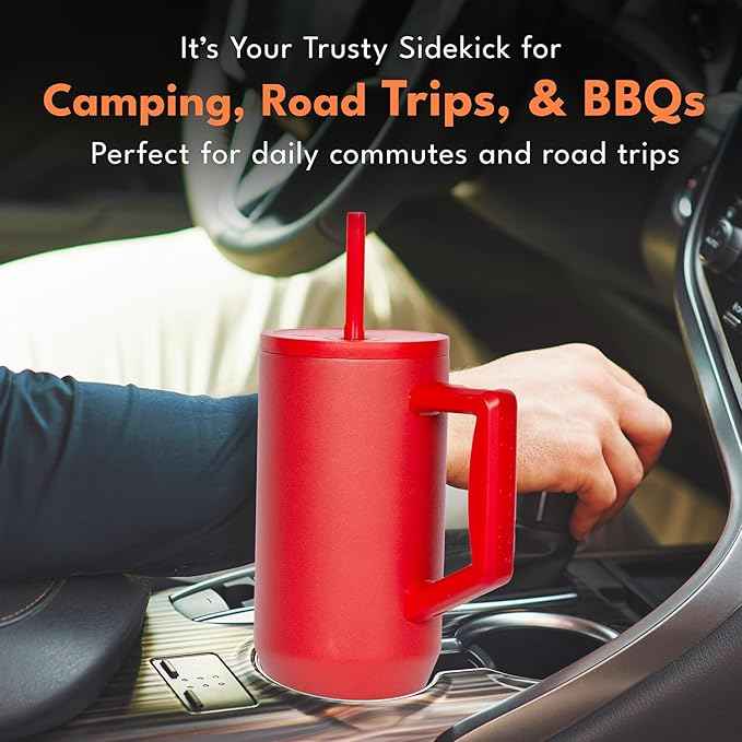 Elemental 40 oz Tumbler with Handle and Straw - Spill Proof Insulated Stainless Steel Commuter for Cold Beverages - Travel Coffee Mug with 2 Straws & Spill Proof Lid - 40oz - Red