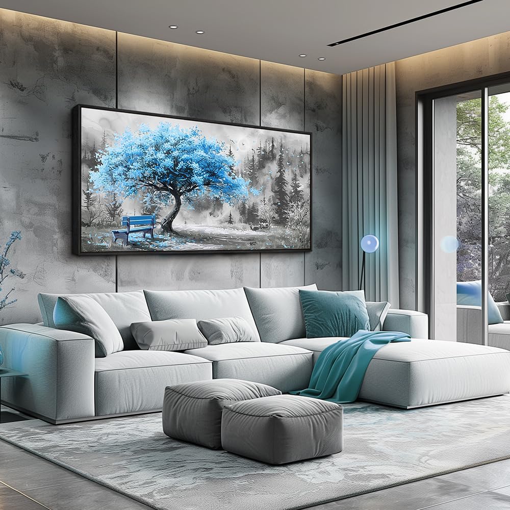 ZUITINGHUA Black Framed Canvas Wall Art For Living Room Large Wall Decor For Office Bedroom Decorations Blue Tree Landscape Pictures Black And White Paintings Artwork Aesthetic Home Decor 30x60 In