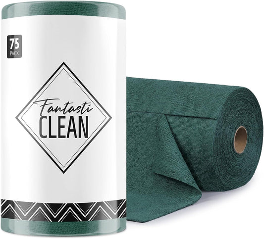 Fantasticlean Microfiber Cleaning Cloth Roll -75 Pack, Tear Away Microfiber Towels, 12" x 12", Reusable, Washable, Scratch Free, Ultra Absorbent Dish Rags for Car, Home, Garage or Shop (Forest Green)