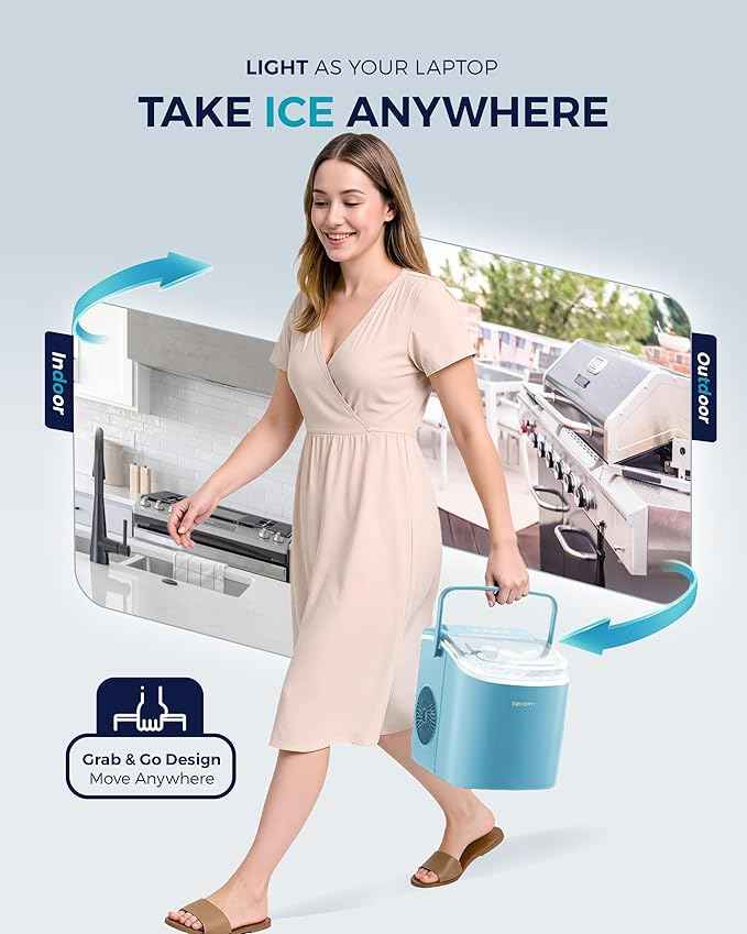 EUHOMY Countertop Ice Maker Machine with Handle, 26lbs Per Day, 9 Ice Cubes Ready in 6 Mins, Auto-Cleaning Portable Ice Maker with Basket and Scoop, for Home/Kitchen/Camping/RV (Blue)