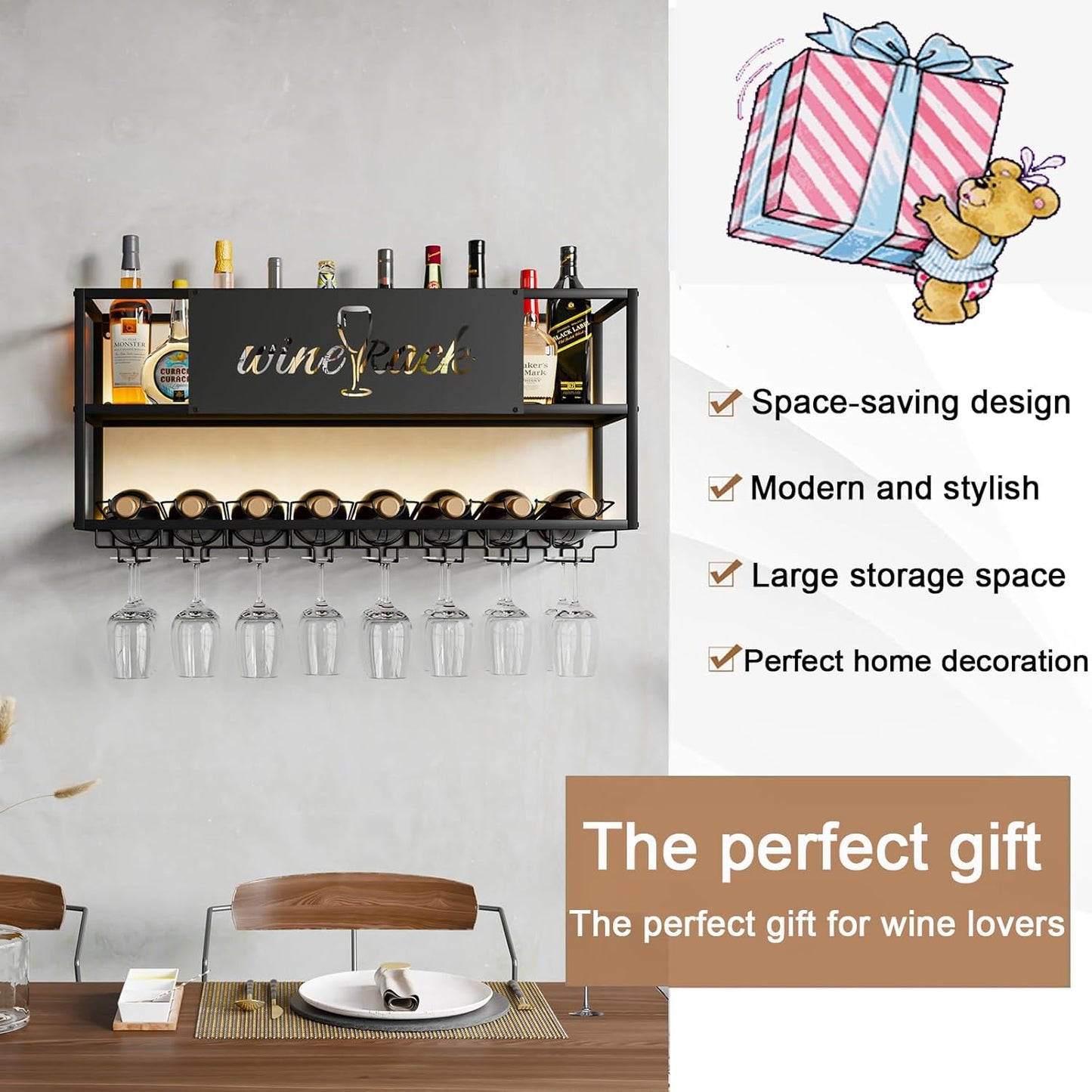 Modern Wine Rack Wall Mounted with Glass Holder,Metal Liquor Shelf, Floating Bar Shelves,Liquor Bottle Display Shelf,Hanging Large Capacity Wine Storage Racks for Home Kitchen Dining Room
