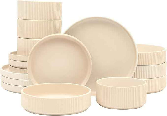 Gibson Elite Deerfield 16-Piece Stoneware Dinnerware Set – Cream White Reactive Glaze Plates and Bowls, Stackable Design, Service for 4 – Dishwasher & Microwave Safe
