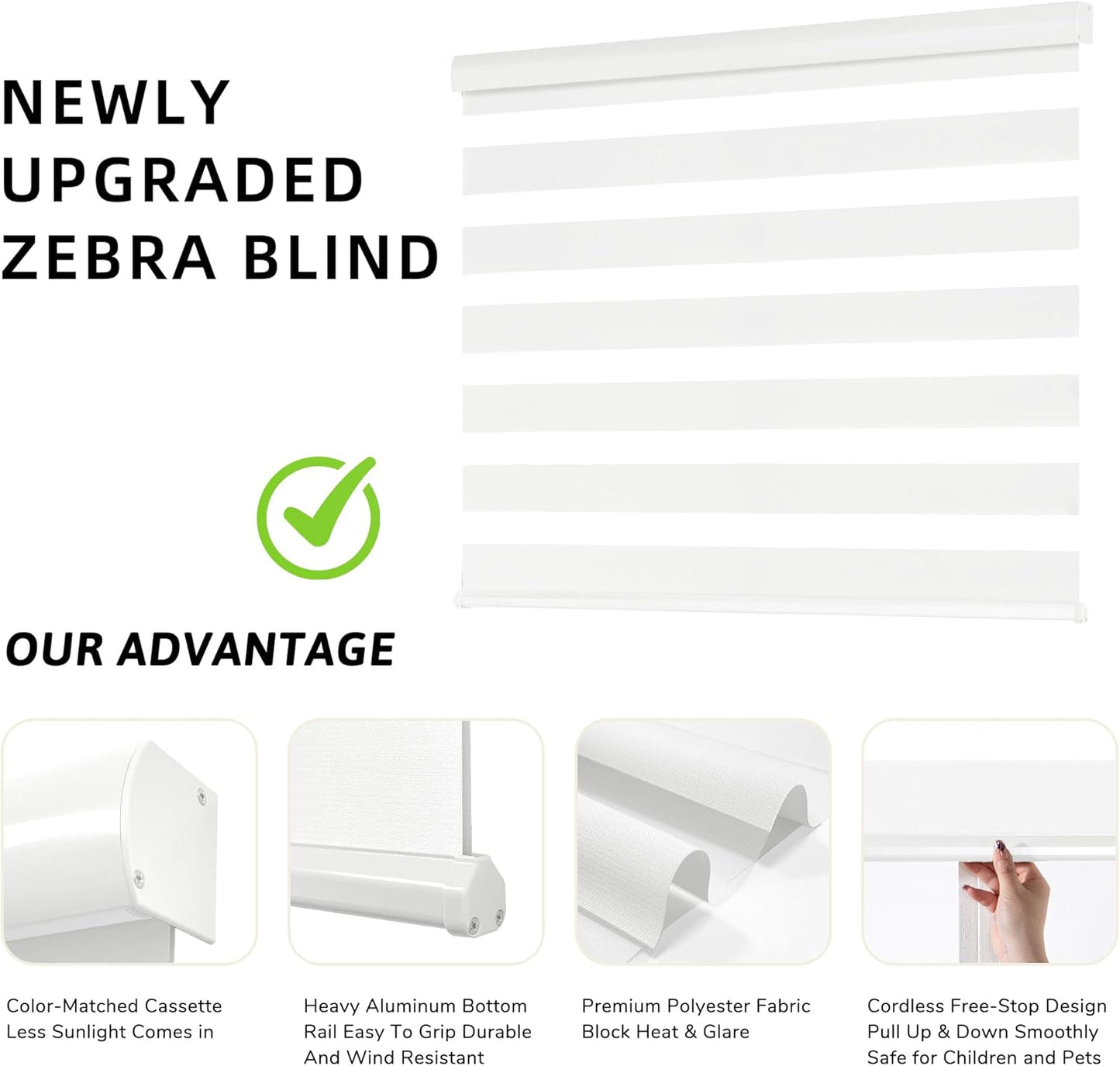 ChrisDowa Cordless Zebra Blinds for Windows, Dual Layer Free-Stop Light Filtering Window Roller Shades, Pull Down Privacy Zebra Shades for Home, Office, Bedroom, Door (69" W x 72" H, White)