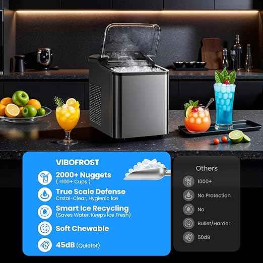VIBOFROST Nugget Ice Maker Countertop, Fast 35lbs/24H Sonic Pebble Ice Machine, Self-Cleaning Anti-Scale System, Stainless Steel Portable Ice Maker for Home, Kitchen, RV, 10 Cleaning Packets