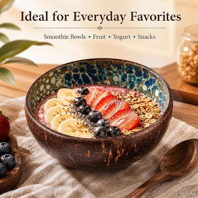 ChezMax Natural Coconut Bowl with Mother of Pearl Inlays - Key Bowl & Fruit Snack Holder (Blue-Gold)