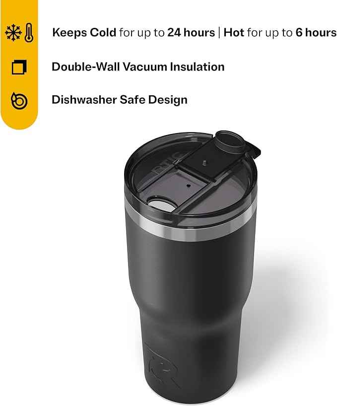 RTIC 30oz Essential Tumbler with Lid, Ceramic Lined, Insulated, Stainless Steel, Metal, Double Wall Vacuum-Insulation, Travel Cup for Iced Coffee, Tea, Hot and Cold Drink, Black