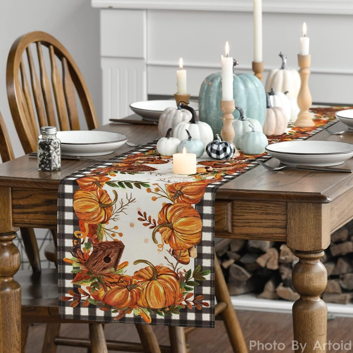 Artoid Mode Buffalo Plaid Pumpkins Mushrooms Birdhouse Leaves Table Runner, Seasonal Fall Harvest Vintage Kitchen Dining Table Decoration for Indoor Outdoor Home Party Decor 13 x 48 Inch