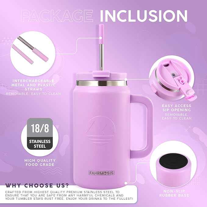 FAHRMOSIS 50 Oz Tumbler with Handle and Straw Large Insulated Tumbler Stainless Steel Travel Mug for Hot & Cold Drinks, Reusable Water Bottle with Lids and Straw - Lavender
