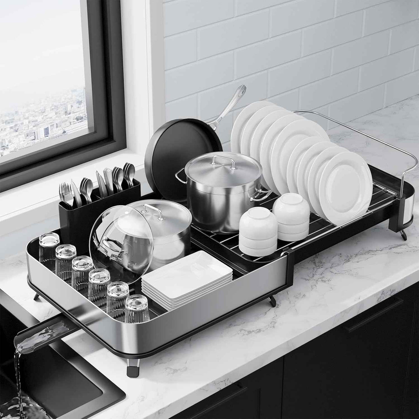 Kitsure Dish Drying Rack - Expandable Stainless Steel Dish Racks for Kitchen Counter, Auto-Drain Drying Rack for Kitchen with Cutlery Holder & Non-Slip Feet, 16.1-26.6" L x 12.6" W, Black