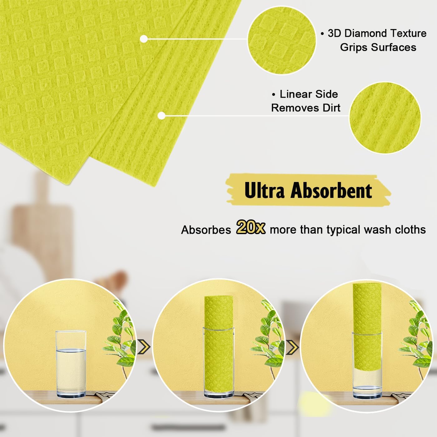 Swedish Dishcloths for Kitchen | 6 Pack Absorbent Cellulose Sponge Cloths Washable | Non-Scratch Reusable Paper Towels Quick Drying Cleaning Cloths - Yellow