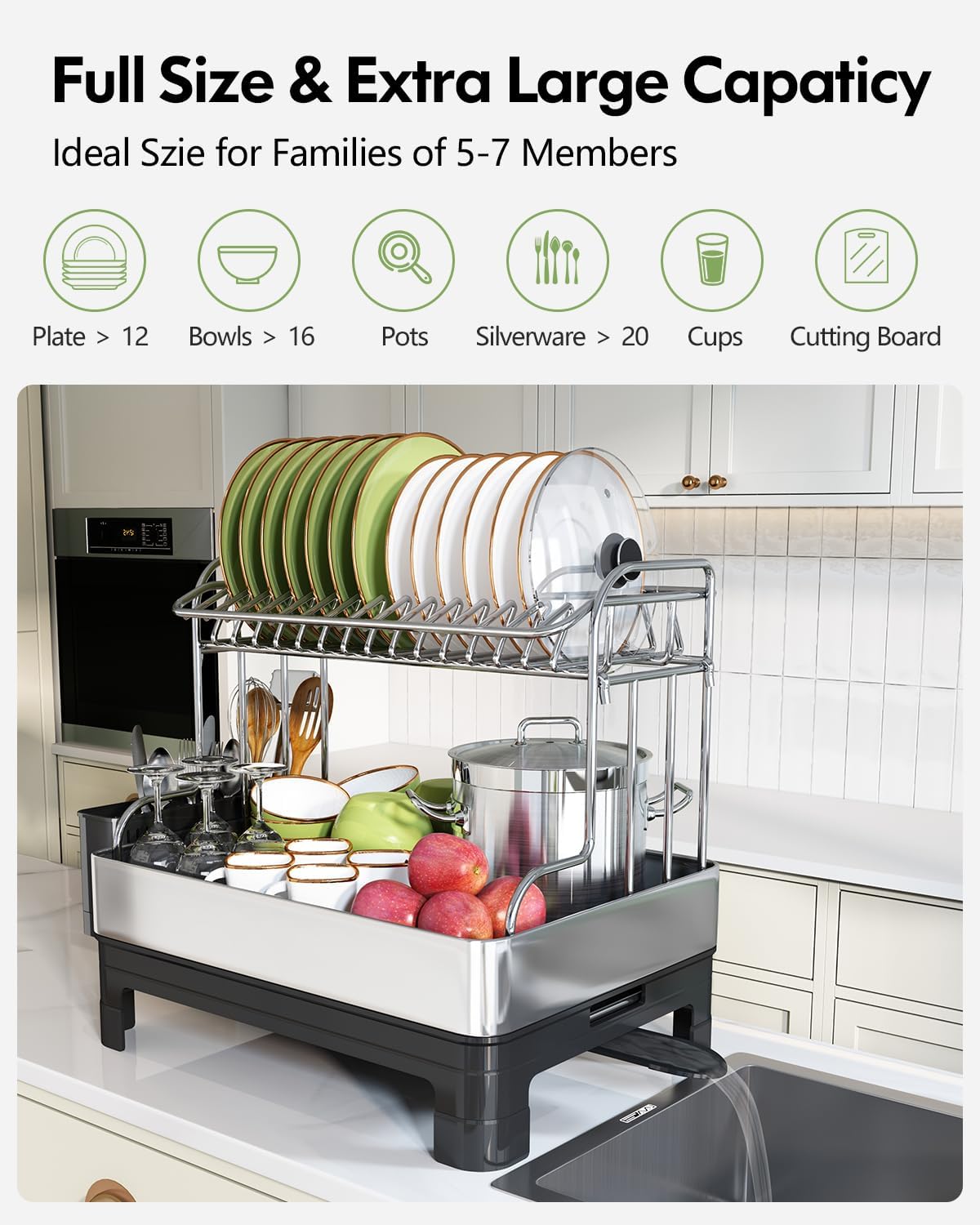 BOOSINY Extra Large Two Tier Stainless Steel Dish Drainer Drying Rack with Drainboard for Kitchen Counter, Modern Black and Silver, Rust Proof Metal, Space Saving Countertop Big Plate Dryer and Tray