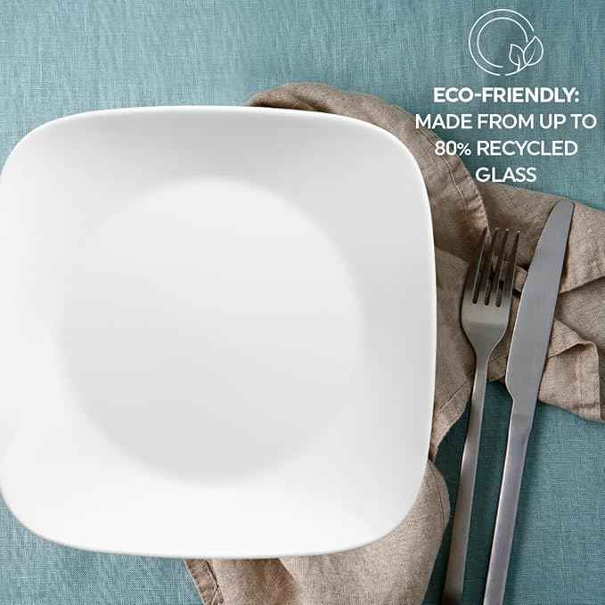 Corelle Vitrelle 18-Piece Service for 6 Square Dinnerware Set Triple Layer Glass and Chip Resistant, Lightweight Square Plates and Bowls Set, Pure White