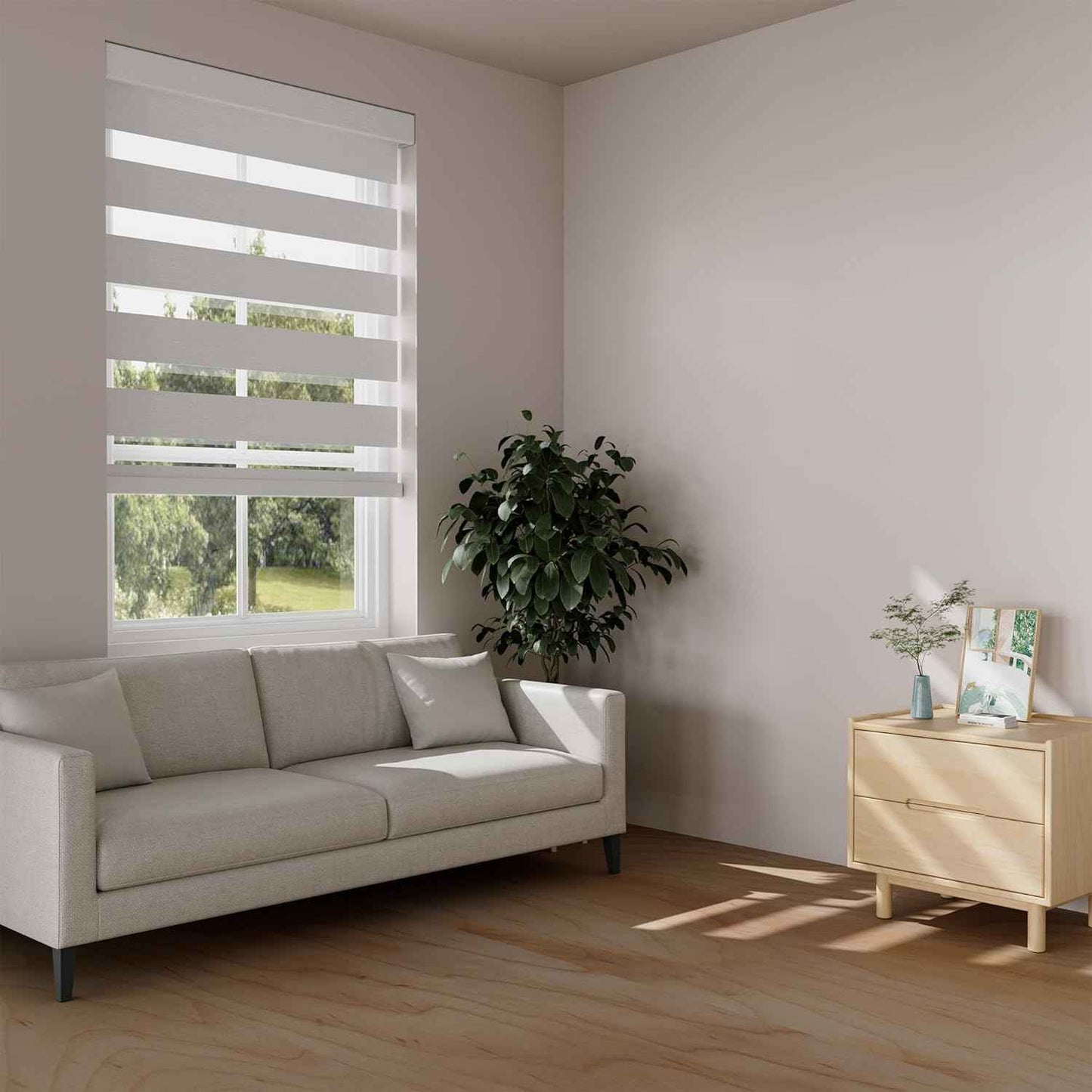 Boolegon Linen Fabric Zebra Blinds for Windows,Filtering Dual Layer Cordless Zebra Shades, Day and Night Light-Activated Privacy Window Blinds, Easy to Install Roller Shade, White, 50.5" W x 64" H