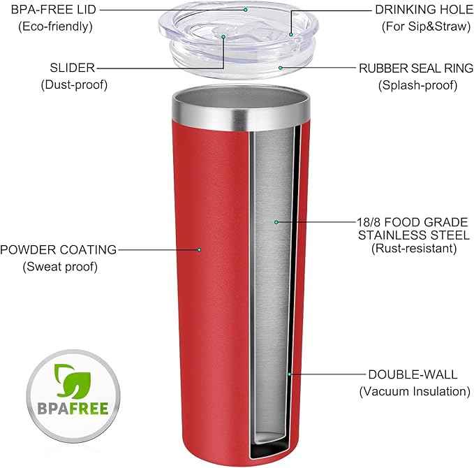 VEGOND 20 oz Stainless Steel Skinny Tumbler with Lids and Straws, 20oz Vacuum Insulated Slim Tumbler Cup, Double Wall Travel Tumblers Bulk for Cold Hot Drinks, Red 6 Pack