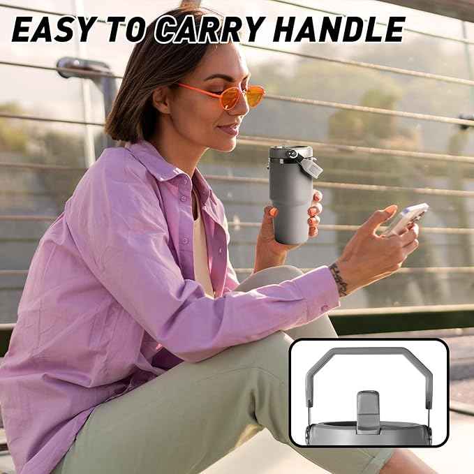 20 oz Tumbler with Handle, Insulated Tumbler with Lid and Flip Straw Leak Proof Double Wall Stainless Steel Vacuum Travel Coffee Mug Insulated Water Bottle Thermal Cup, Cupholder Friendly, Grey