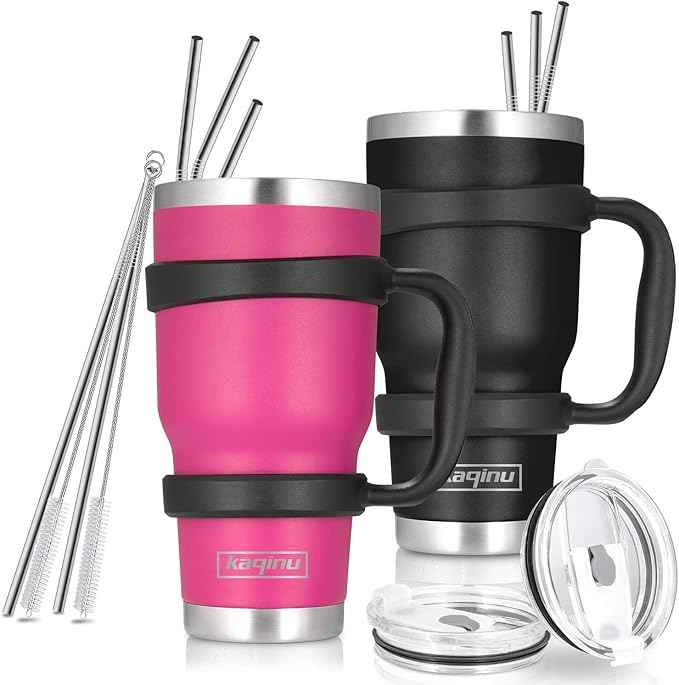 30oz Tumbler, 2 Packs Stainless Steel Double Wall Vacuum Insulated Tumbler Travel Mug With 8Pcs Reusable Straw, 2Pcs Slider Lid, Cleaning Brush, 2Pcs Handles (Black + Purple)