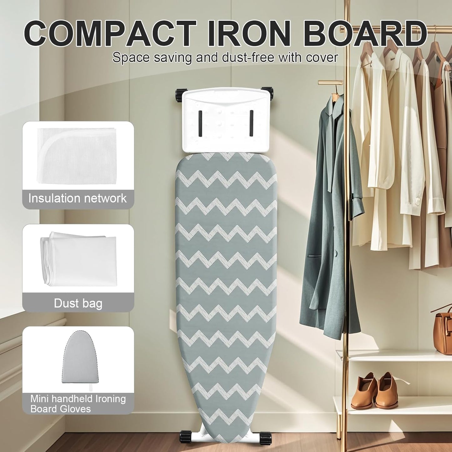 Ironing Board,Foldable Ironing Board Adjustable Height Compact Iron Board Thick Steel Tube Iron Board with Holder,Replacing Cloth Cover and Mini Handheld Gloves,Gift for Women(Blue Waves)