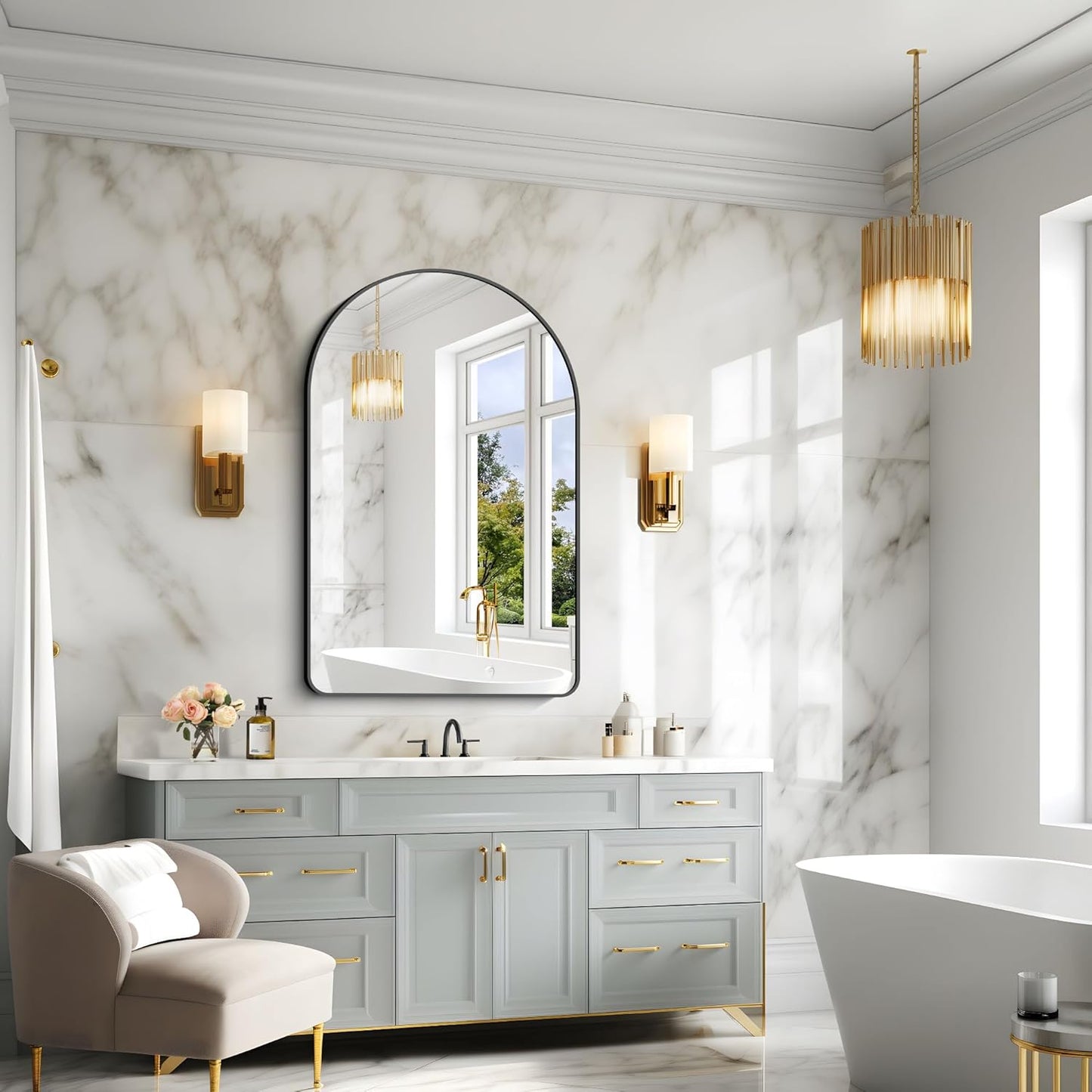 Arched Bathroom Mirror, 32"x48" Black Arched Mirror for Bathroom, Wall Mounted Mirror, Black Vanity Wall Mirror w/Metal Frame for Bedroom, Entryway, Living Room, Hanging or Leaning Against Wall