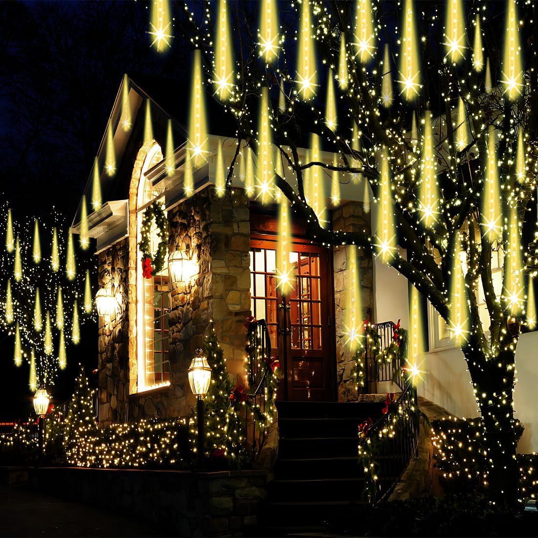 Christmas Lights Outdoor, UL Certified Falling Rain Drop Light 8 Tubes 192 LED Meteor Shower Lights Snow Dripping Icicle Light for Xmas Tree Christmas Decorations Holiday Party, Warm White