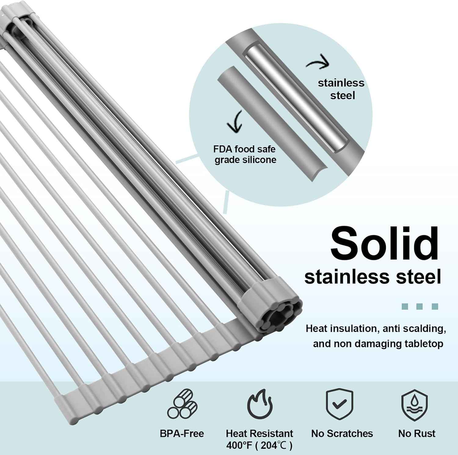 SAOSHYPEI Roll Up Dish Drying Rack,Over The Sink Dish Drainer Anti-Slip Dish Racks for Kitchen Counter,Silicone Coated Steel Multipurpose Space Saving for Kitchen,20.5" x 13.1", Grey