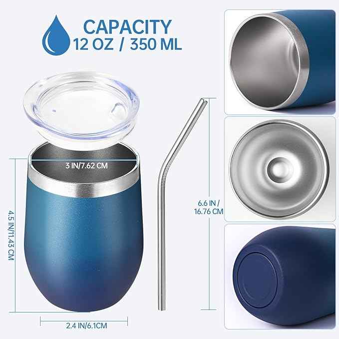 Volhoply 12oz Stainless Steel Wine Tumbler with Lid Bulk 12 Pack,Double Wall Vacuum Stemless Wine Glasses,Reusable Metal Travel Coffe Mug with Straw,Insulated Cup Gift for Christmas（Dark Night,12 Set）