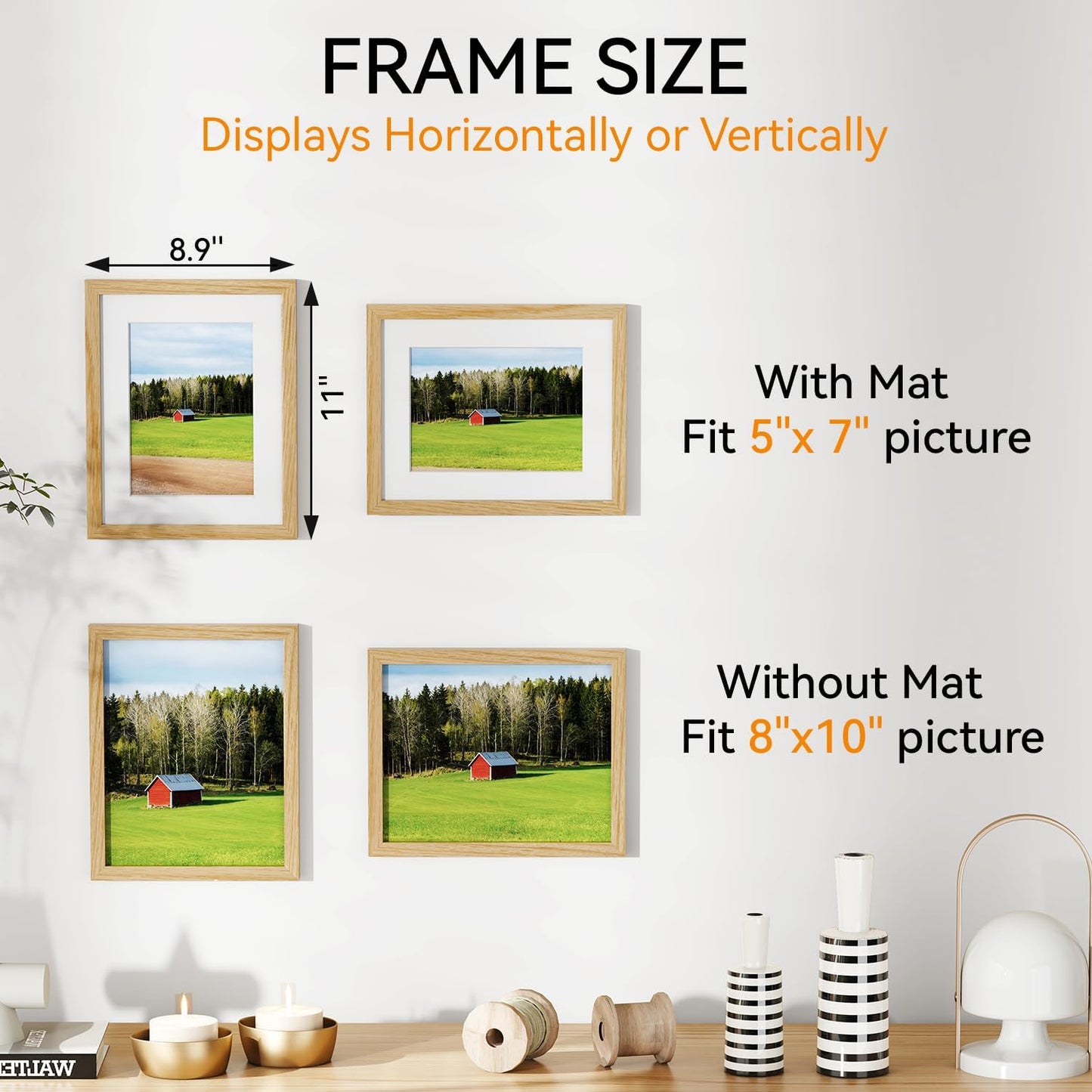 IBUYKE 8x10 Picture Frame,Set of 3,Solid Oak Wood 8x10 Photo Frame with Mat to 5x7,10x8 Picture Frames With Tempered Glass,Tabletop or Wall Mount Display,Home Decor,Natural Oak 8 x 10 Frame,UWPF0810N-3