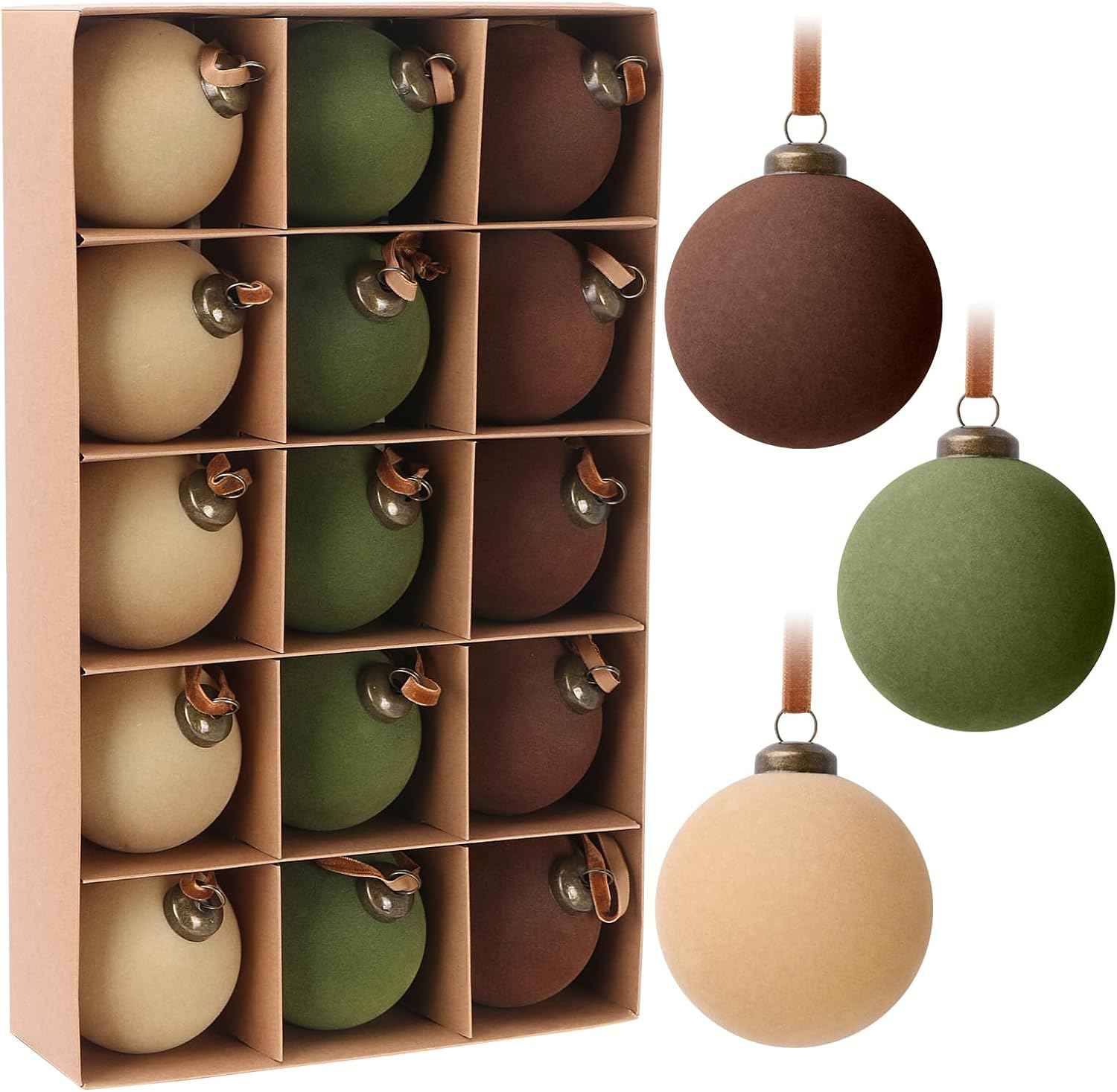 15 Pcs Velvet Christmas Ornaments,Flocked Christmas Ornaments,3.15inch Velvet Christmas Balls Bulk,Neutral Flocked Ornaments,Christmas Ball Ornaments for Xmas Tree Home Holiday Decors (Classic Color)