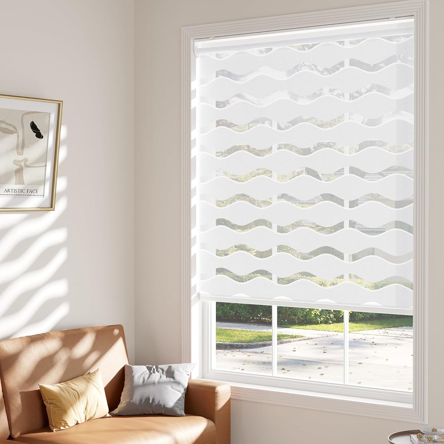 LazBlinds No Drill Cordless Zebra Blinds for Indoor Windows, Dual Layer Light Control Roller Shades for Day and Night, Light Filtering Sheer Shades for Home, 23" W x 48" H, White