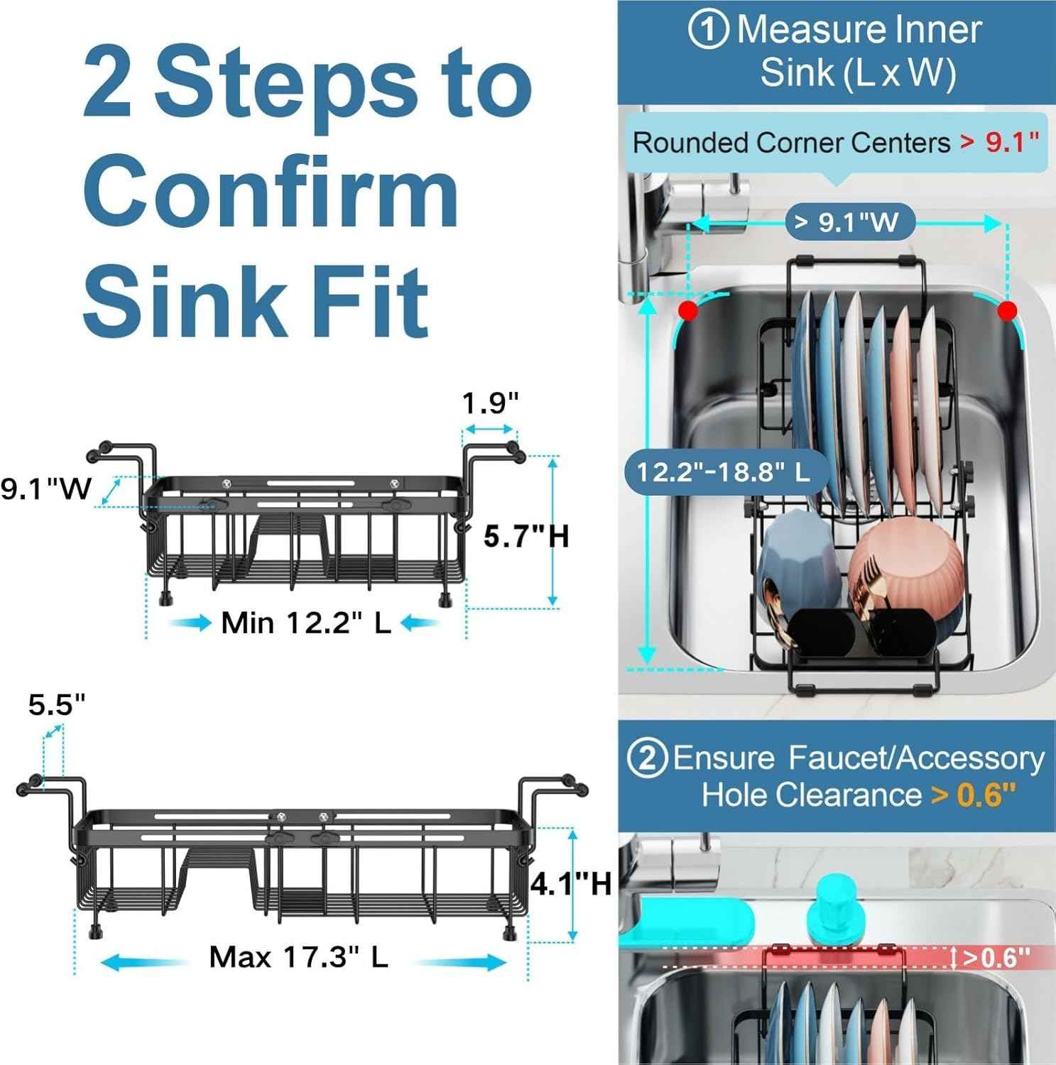iSPECLE Small Sink Dish Drying Rack, 9.1" W Expandable Compact Rust Resistant Dish Drainer for RV Apartment Kitchen, Dish Rack with Lock Knob, Arms with Non Slip Rubber, Black