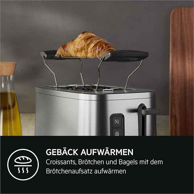 AEG T5-1-4ST Toaster Deli 5/7 Toaster Settings/Countdown Timer/Stop, Defrost, Warm-up Button/Auto Centering/Cool-Touch Case/Wide Slots/Crumb Tray/Stainless