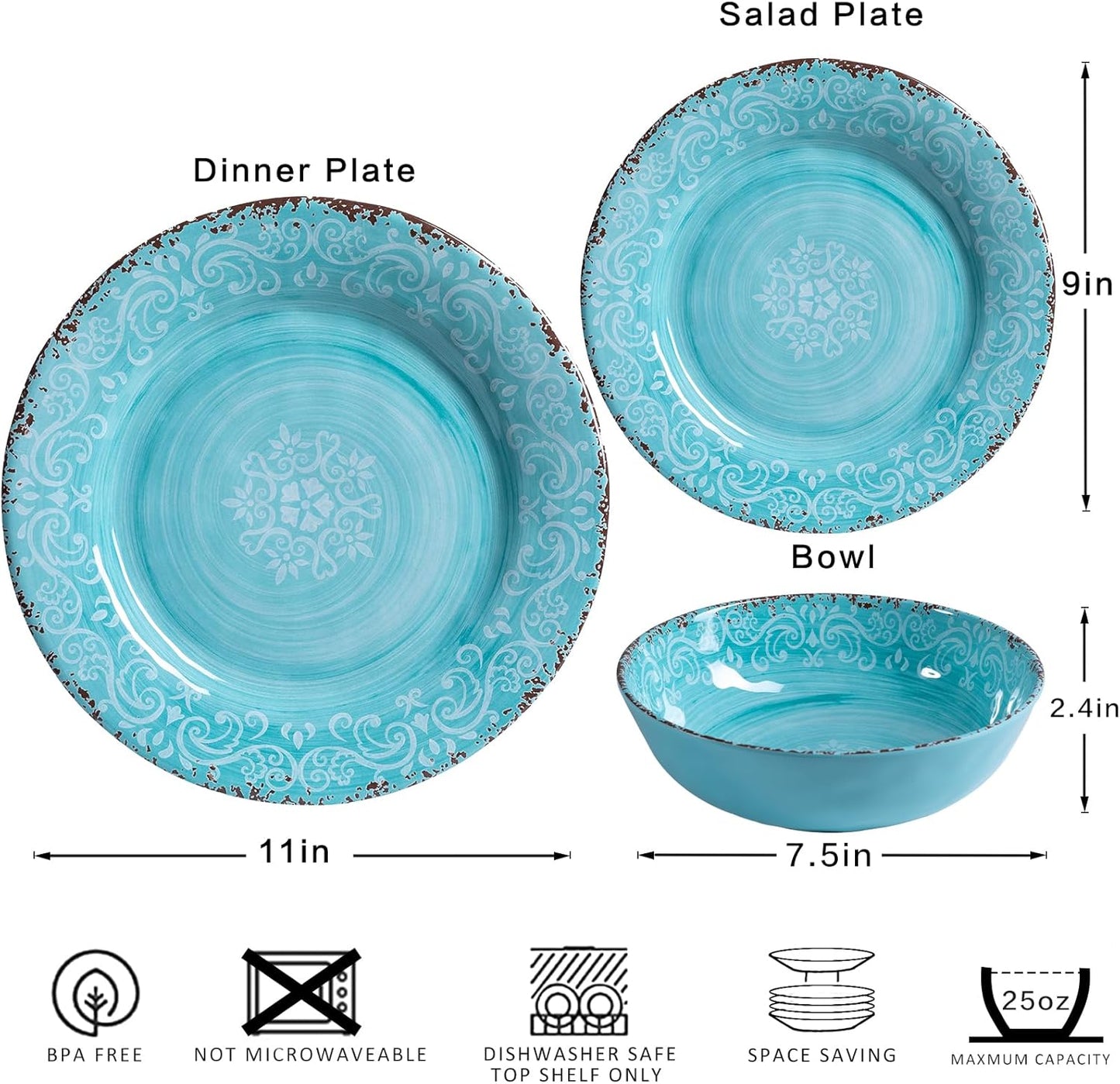 12-Piece Farmhouse Dinnerware Set, set of 4, 100% Melamine Dishes Serving Set with Plates and Bowls, Non-breakable and Lightweight Dinner Set for indoor and outdoor entertaining, Light Teal