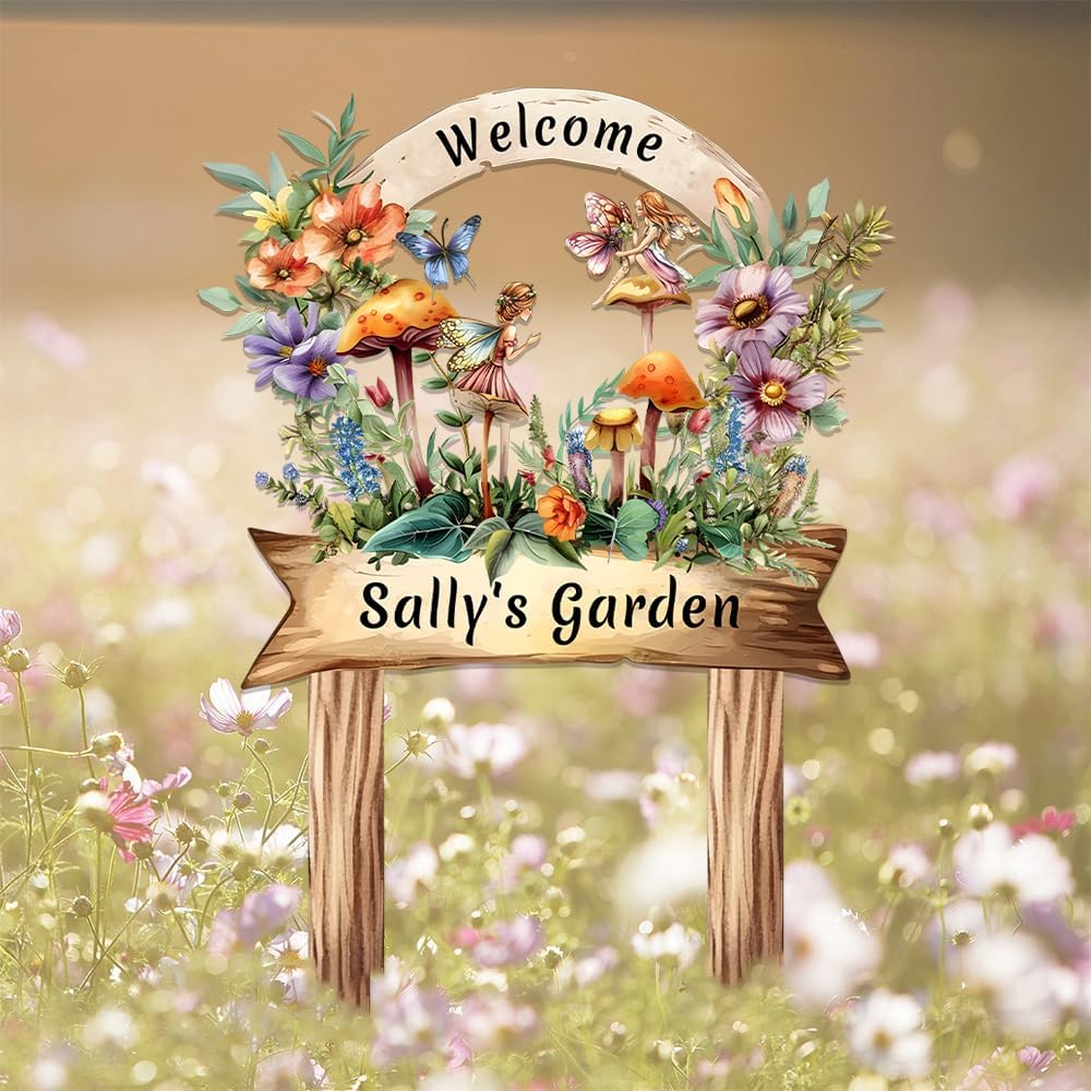 Cute Fairy Garden Metal Signs Custom with Stake,Gardeners Name Sign Personalized Decor for Outside Yard,Customized Gardening Gifts for Granddaughter Birthday,Butterfly Welcome Plaque for Lawn Patio