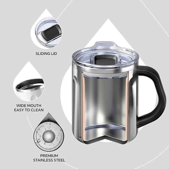 Ideus 16 oz Coffee Cup, Stainless Steel Coffee Travel Mug, Spill Proof Tea Mug with Handle and Lid, Lightweight and Durable, Great for Office Home and Outdoor Use, Snow White-FUJI FLOW