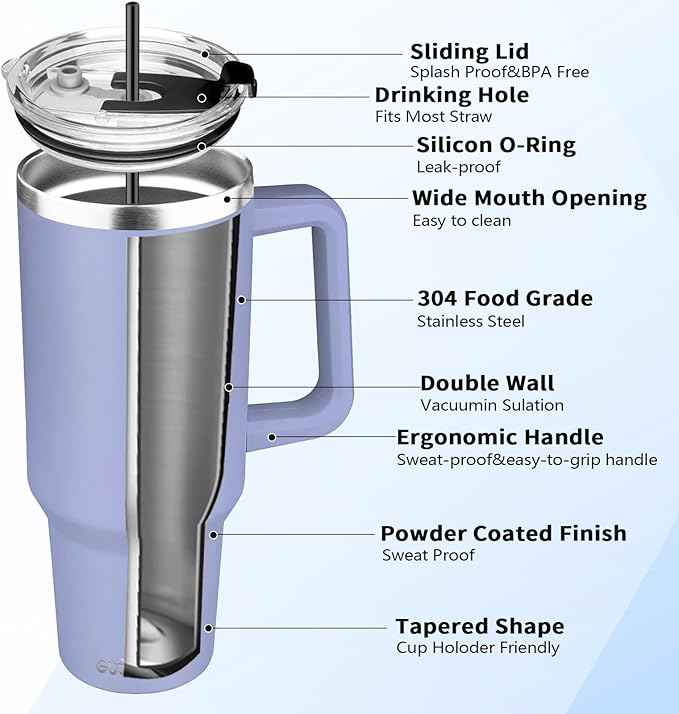 40 oz Tumbler with Handle, Insulated Tumbler with Lid and Straw, Reusable Stainless Steel Vacuum Insulated Cup, 100% Leak Proof Thermal Travel Coffee Mug Cup for Cold and Hot (Light Purple)