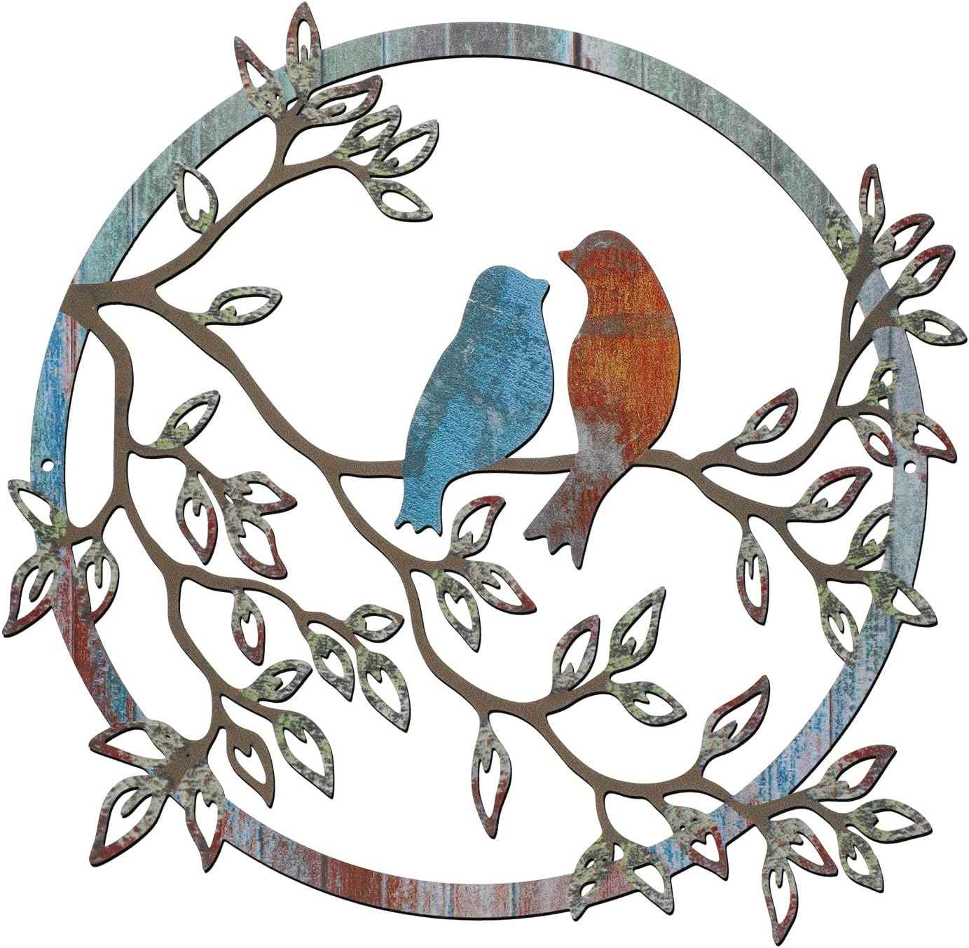 Ferraycle Metal Wall Art Bird on Tree Branch Silhouette Bird Hanging Ornament Porch Wall Decor for Living Room Outdoor Garden Bedroom Office Housewarming Party Decoration(Retro Color)
