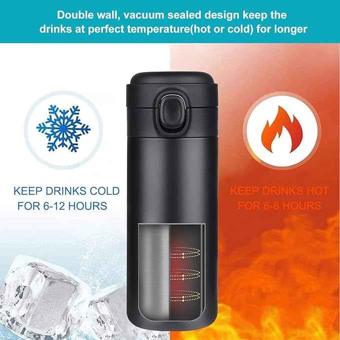 YINJAM Insulated Travel Water Bottle Metal Coffee Cup Mug Stainless Steel Reusable Flask Tumbler for Men Women Gym Hiking Sports (Black, 15 Oz)