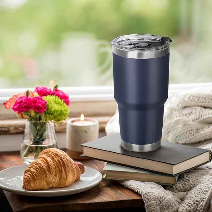 30 oz Tumbler with Lids and Straws Double Wall Vacuum Insulated Tumbler Cup,Stainless Steel Leak-proof Thermal Tumbler Powder Coated Travel Coffee Mug for Cold and Hot Drinks,Navy Blue