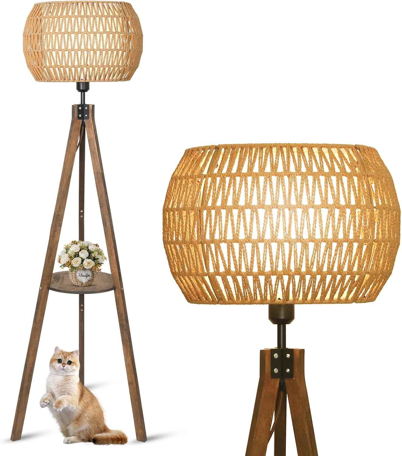 LAMSU Boho Tripod Floor Lamps for Living Room, Wood Floor Lamp with Shelf, Mid Century Modern Standing Lamp with Rattan Shades, Foot Switch, Rustic Farmhouse Tall Lamps for Bedroom Office, Brown