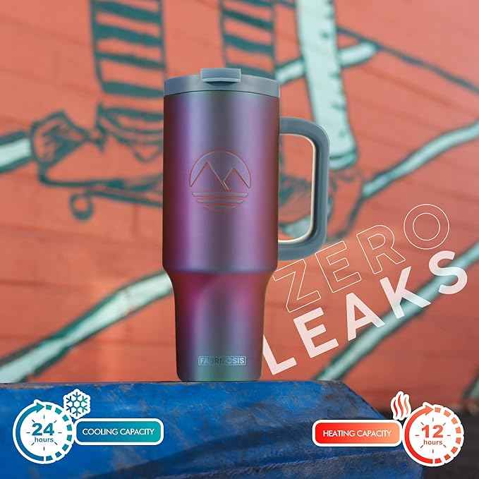 FAHRMOSIS 40 Oz Tumbler with Handle and Straw Insulated Cup that Fits in Cup Holder for Hot & Cold Drinks Leak Proof Tumbler with Straw Stainless Steel Travel Mug for Men & Women - Violet
