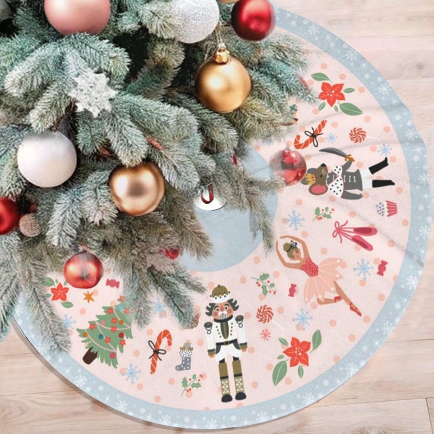 48" Large Christmas Tree Skirt, Cute Nutcracker Candy Pattern Tree Mat Base Cover for Xmas Festive Holiday Party Decoration Ornaments