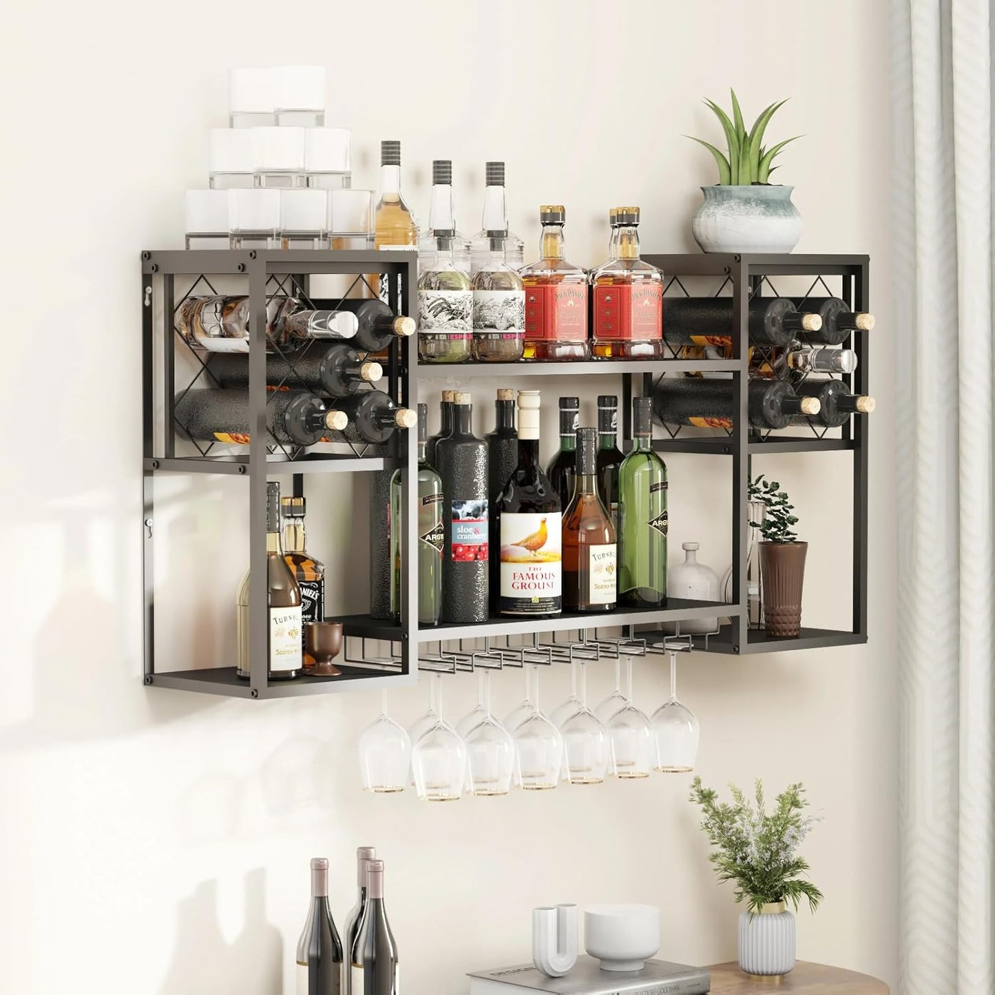 Wall Mounted Wine Rack with Glass Holder,Metal Floating Bar Liquor Shelves 2 Tier,Wine Glass Rack Multi Functional Wine Storage Display Rack for Home Bar Dining Room Kitchen