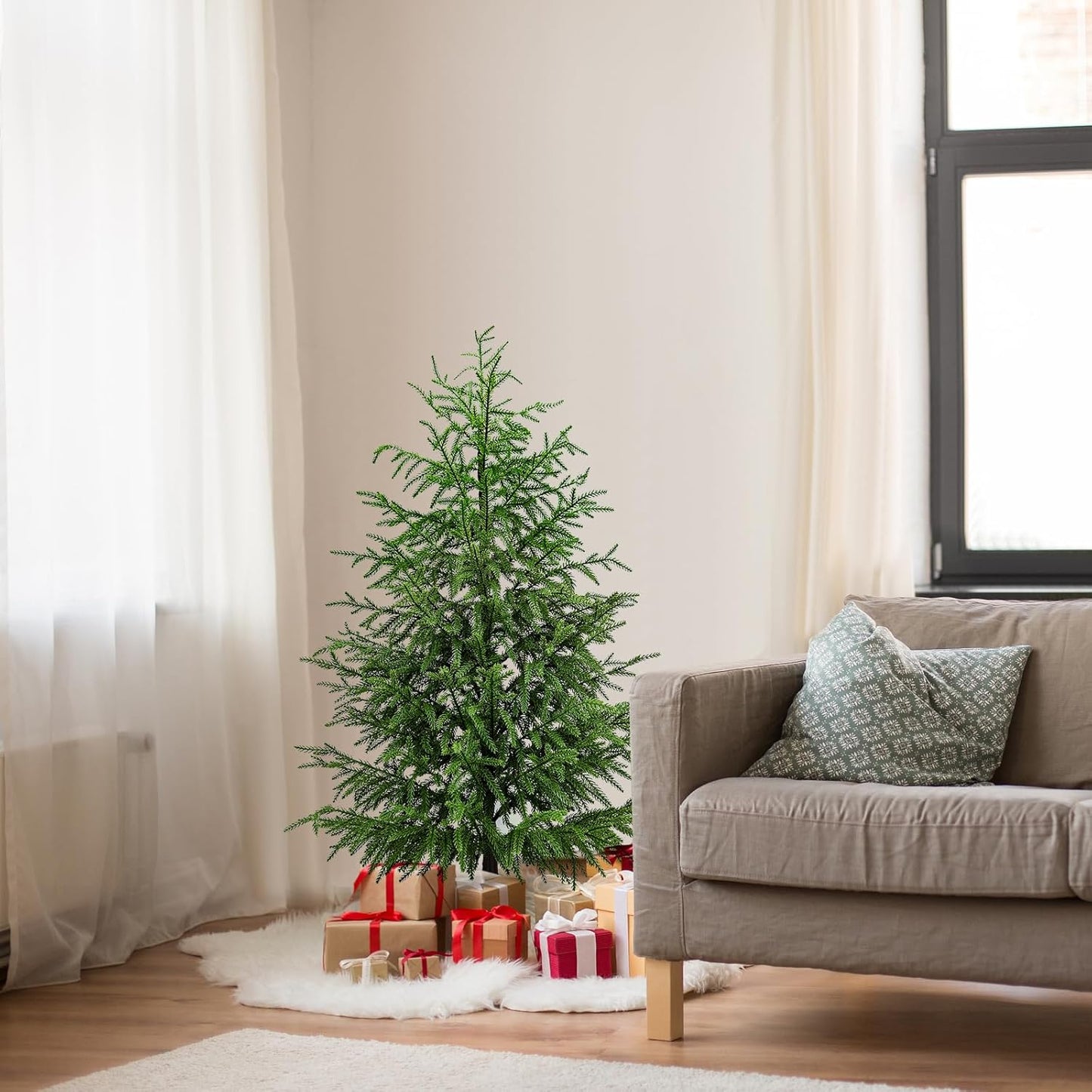 ENVEN 4FT Pre-Lit Artificial Norfolk Pine Christmas Tree – Realistic Potted Tree with 100 LED Lights & 8-Function Battery Box, Pre-Assembled Faux Holiday Décor for Indoor Use (2)