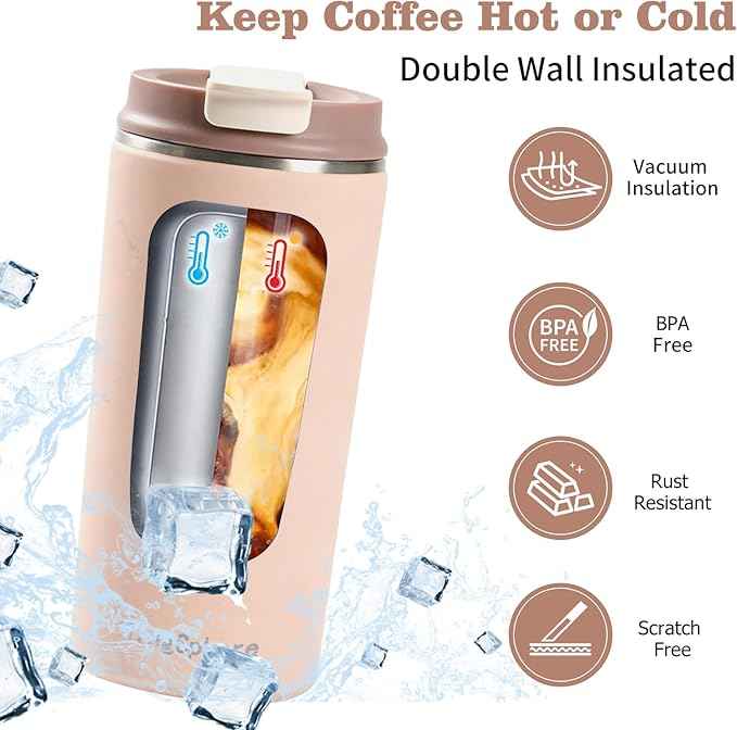 Travel Coffee Mug with Lid, 16 oz Insulated Tumbler, Leak Proof Stainless Steel Cup, for Hot Coffee, Iced Tea & Water, BPA Free, Car Cups Holder Friendly, Pink