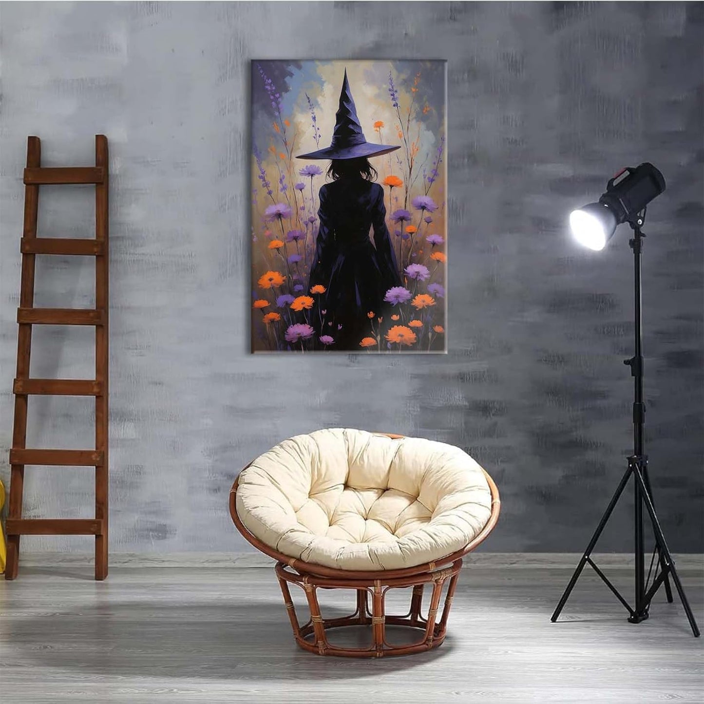 Country wildflower witch canvas print halloween mashup art witch purple decoration bohemian elegant art poster28x40in Wood Framed