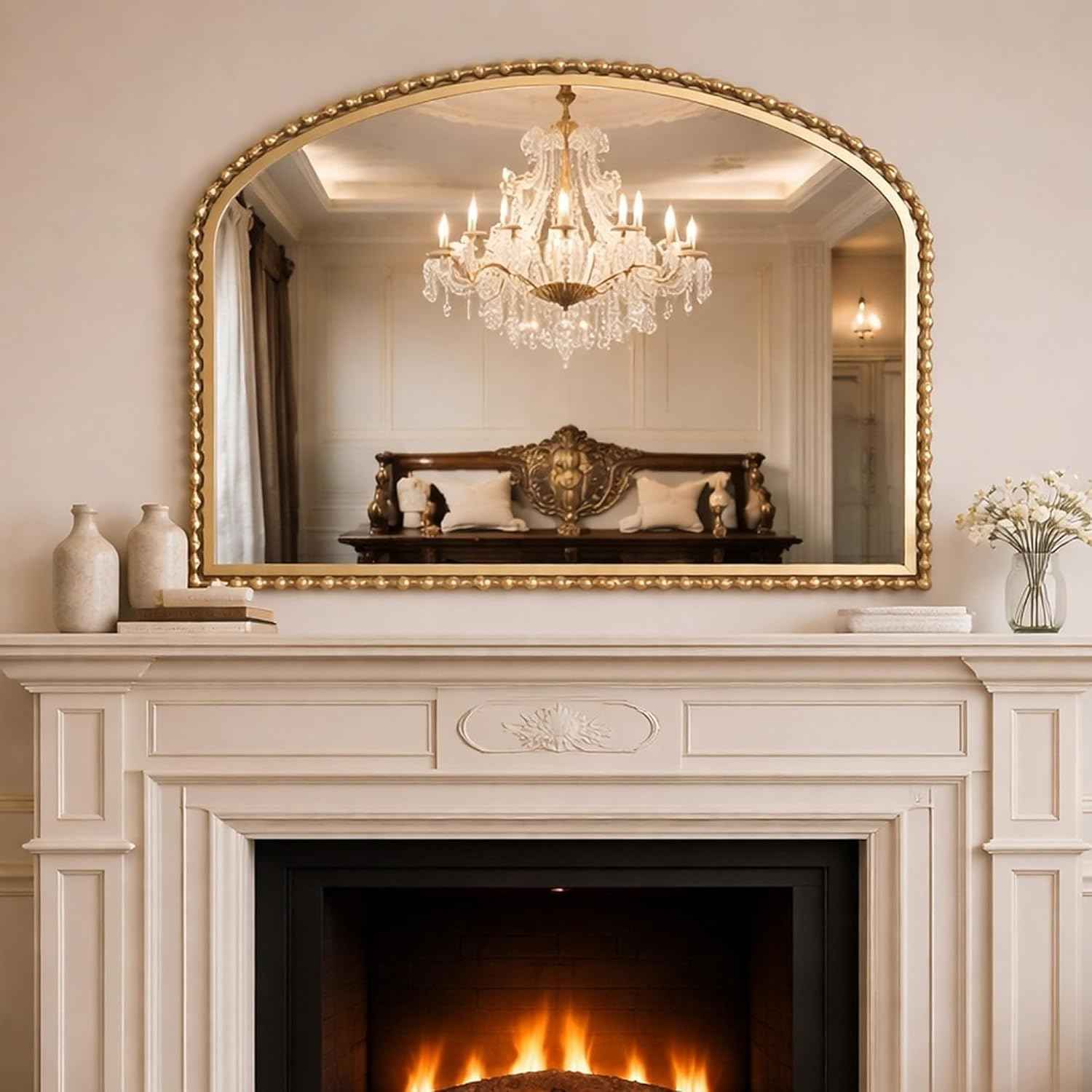 36x28 Inch Wide Arched Wall Mirror with Bold Antique Gold Beaded Frame, Decorative Mantel Mirror for Fireplace or Entryway, Horizontal Hanging Statement Mirror for Living Room Wall Decor