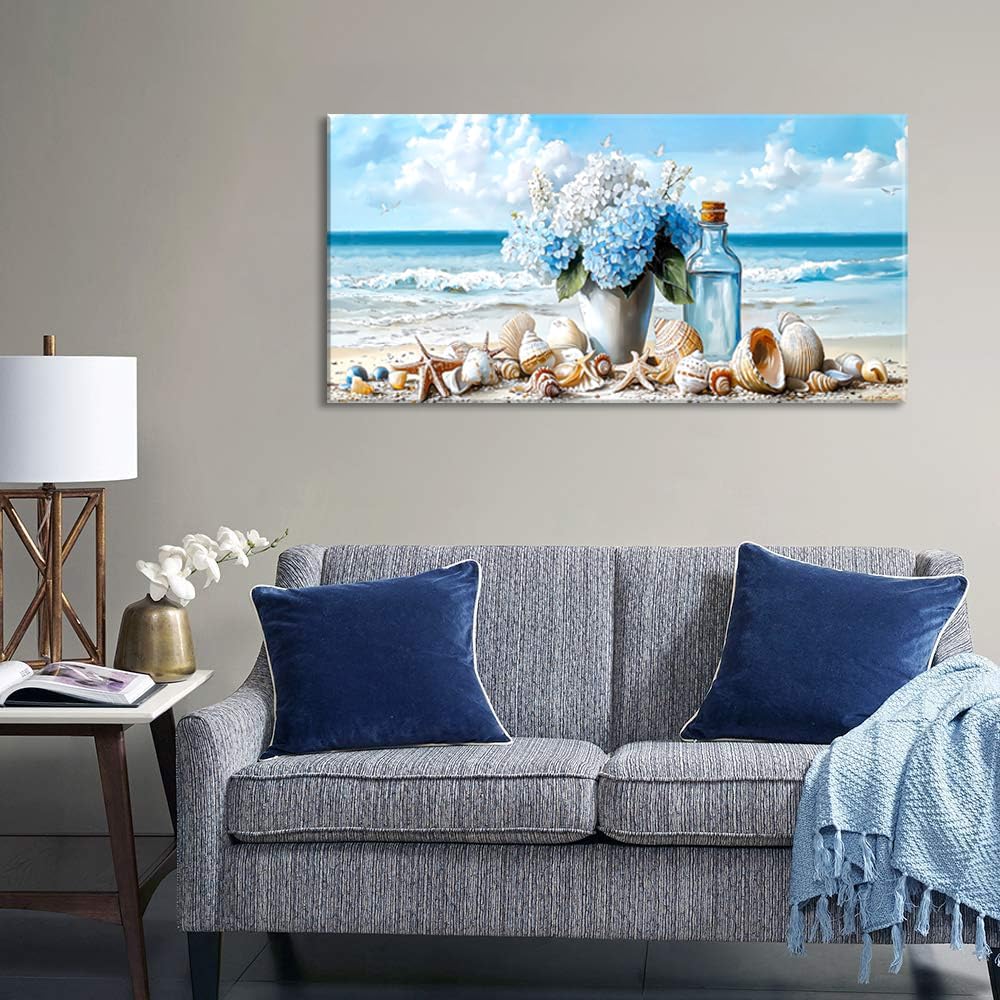 LASMOND Romantic Beach Wall Art for Living Room Blue Shells Conch Vase Canvas Prints Modern Large Flower Bottle Bedroom Ocean Artwork Decor (46x23 Inches)