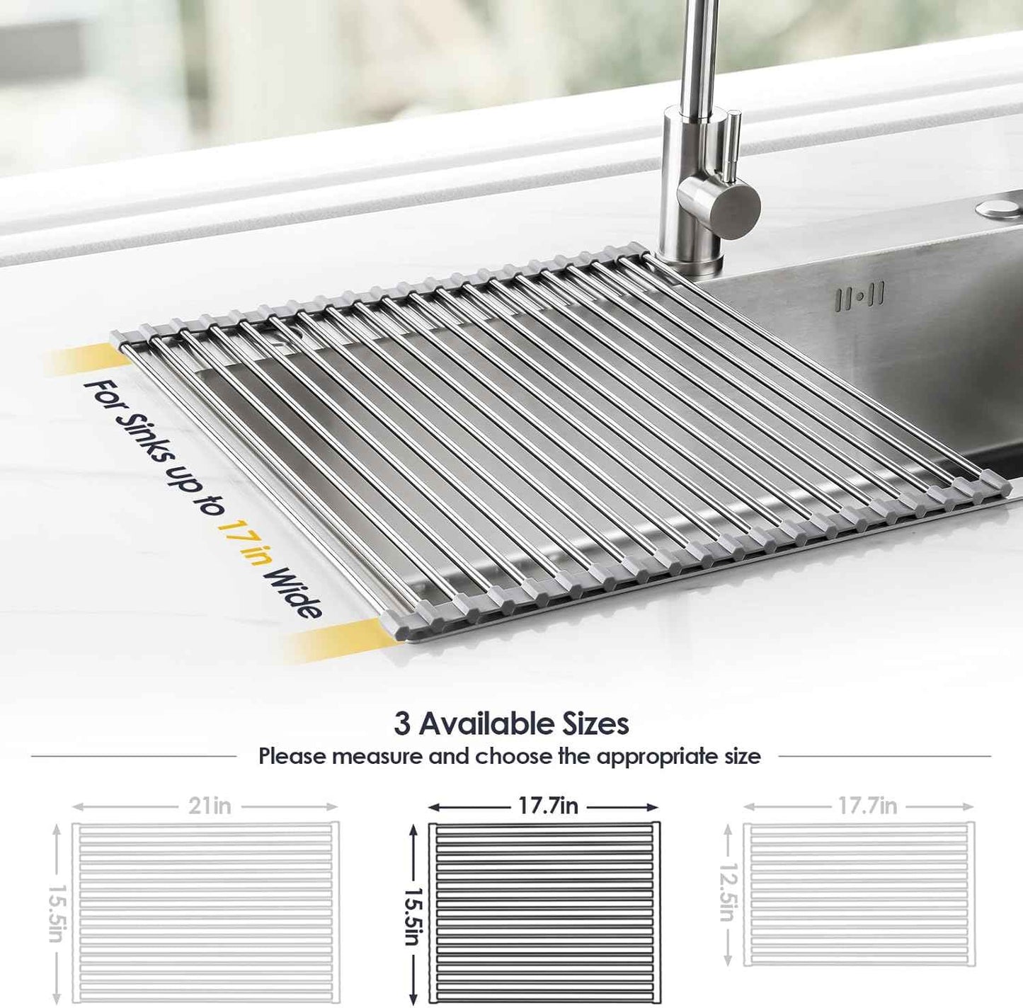 Tomorotec 17.7" x 15.5" Roll Up Dish Drying Rack Over Sink Drying Rack Sink Cover Kitchen Sink Accessories Gadget Multipurpose Organizer Foldable Stainless Steel Drainer (Grey)