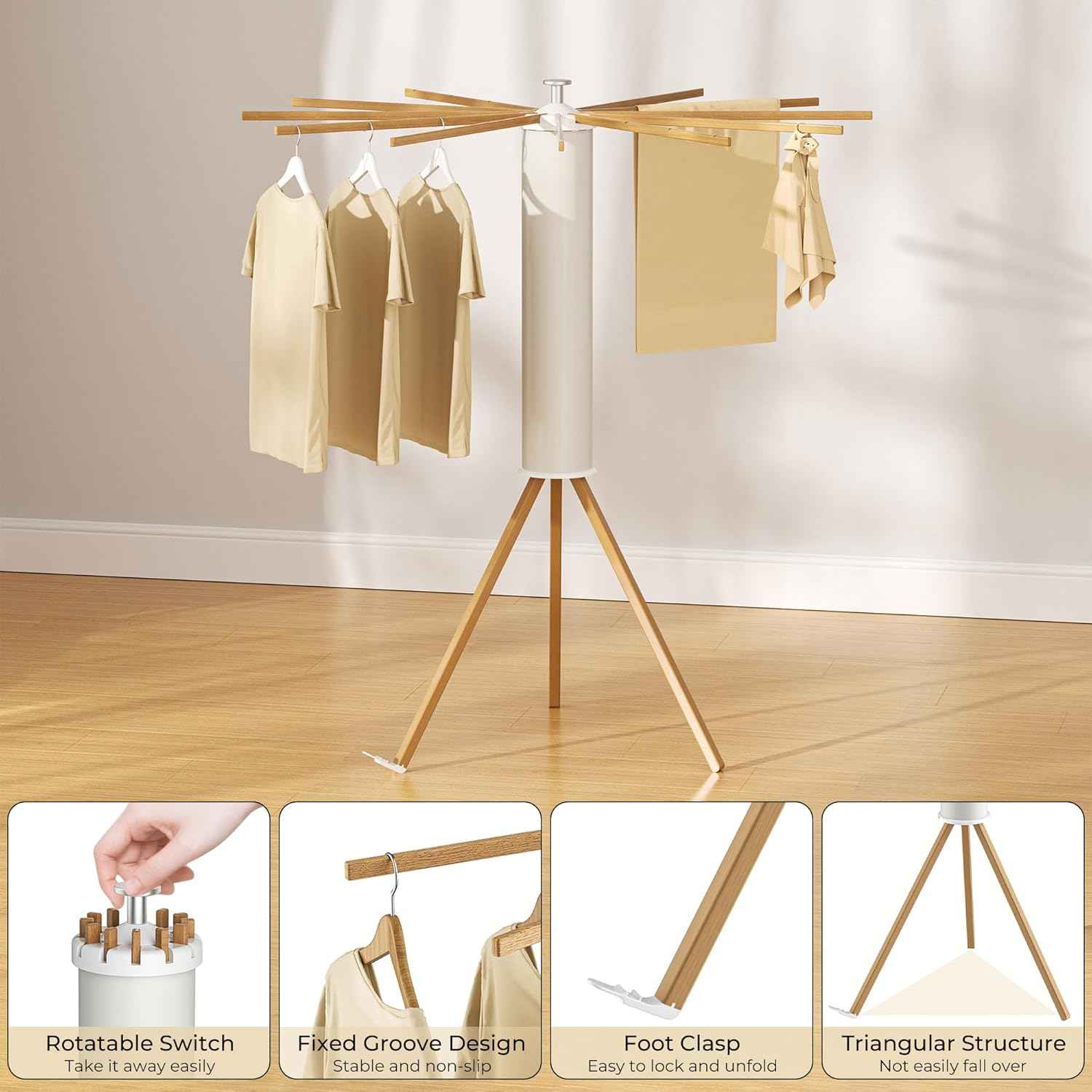 SUNOUTLY Tripod Clothes Drying Rack, Garment Rack Portable and Foldable Space Saving Laundry Drying Rack - Dryer Rack Clothing Floor Folding Balcony Bedroom Household