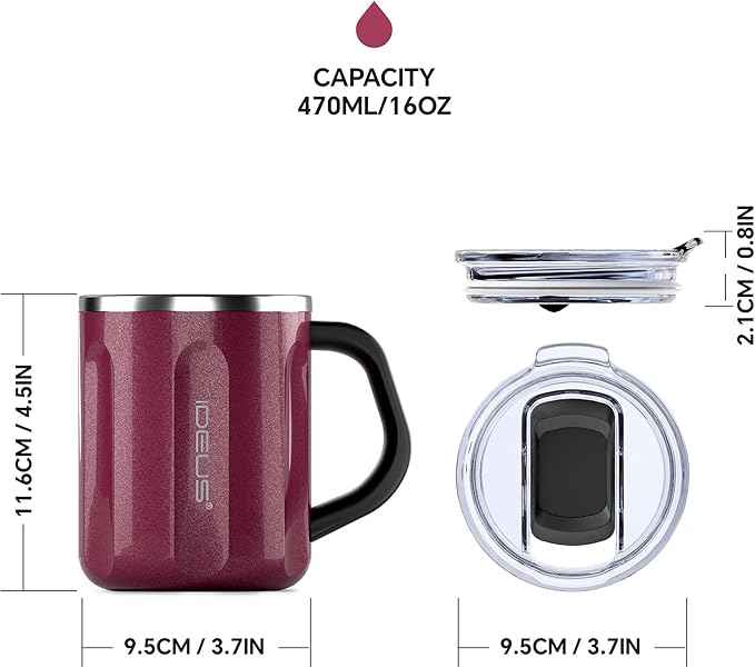 Ideus 16 oz Coffee Cup, Stainless Steel Coffee Travel Mug, Spill Proof Tea Mug with Handle and Lid, Lightweight and Durable, Great for Office Home and Outdoor Use, Burgundy-FUJI FLOW