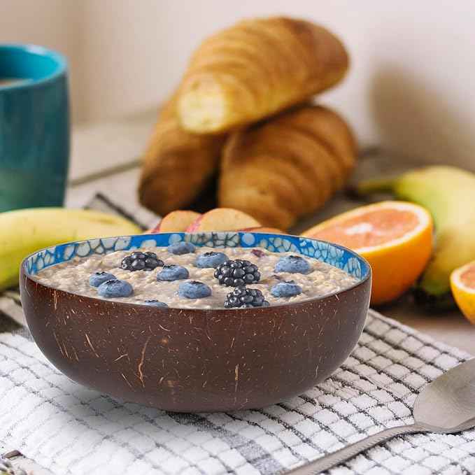 ChezMax Natural Coconut Bowl with Mother of Pearl Inlaid Shell - Handcrafted Home Decoration, Entryway Table Key Bowl or Candy Container, Fruit and Nuts Holder (Blue)